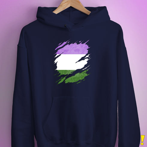 Genderqueer Pride Flag Ripped Reveal Hoodie - Navy